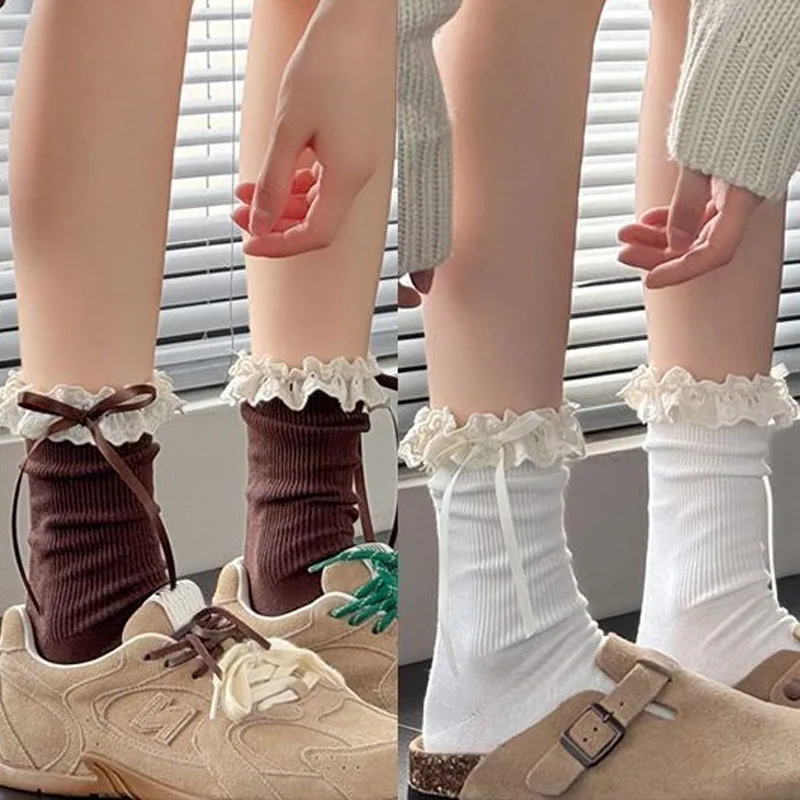

Lace Bow Ribbon Mid-tube Socks Lolita Flower Mesh Pile Soft Stockings Solid Colors Women Girl Elasticity Breathable Cotton Socks