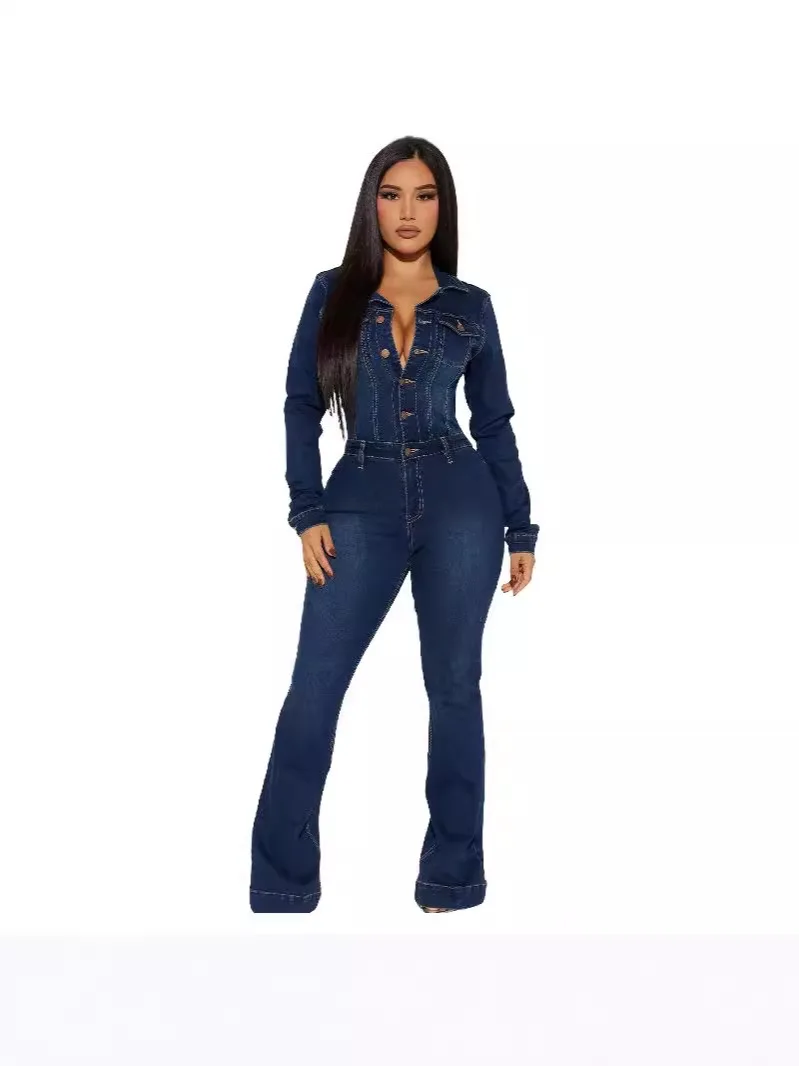 

Fashion Denim Elastic Flared Pants Jumpsuits Women Turndown Collar Button Long Sleeve Playsuits Female Cowboy Overalls