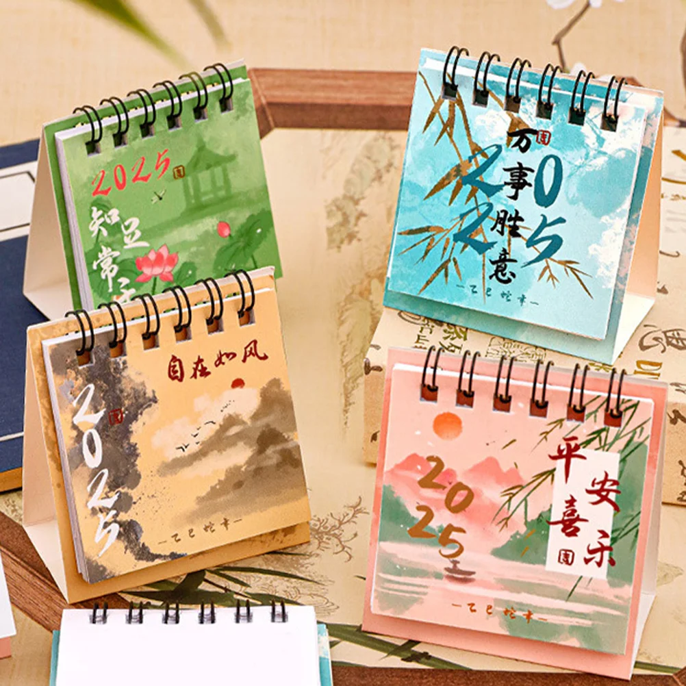 4 Pcs 2025 Desk Calendar Chinese Standing Flip Monthly 2024 Planner Desktop Coil Flower Memo Small Office