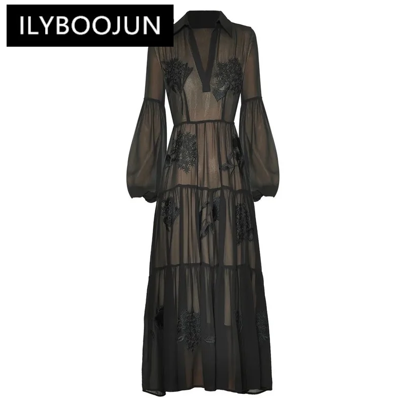 

ILYBOOJUN 2024 Summer Fashion Runway Women Dress Mesh Sheer V Neck Lantern Sleeve Embroidery High Waist Party Maxi Dress