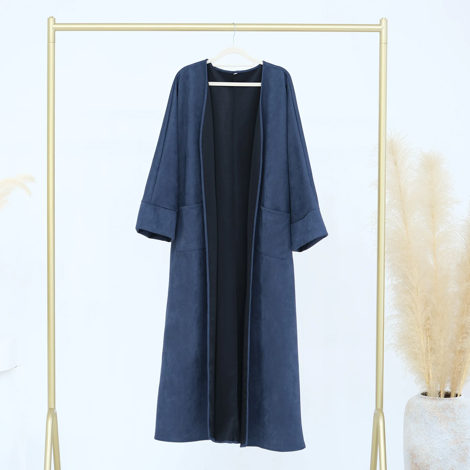 2024 New Winter Suede Coat for Women Warm Thick Open Kimono Cardigan Arab Turkey Modest Abaya Islam Clothing Femme Retro Robe