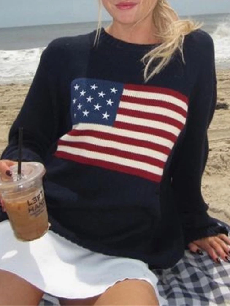 Sweater Aesthetics Long Sleeve Sweaters Oversize Pullover Tops Clothes Y2K Women Winter Vintage Ladies Luxury American Flag Knit