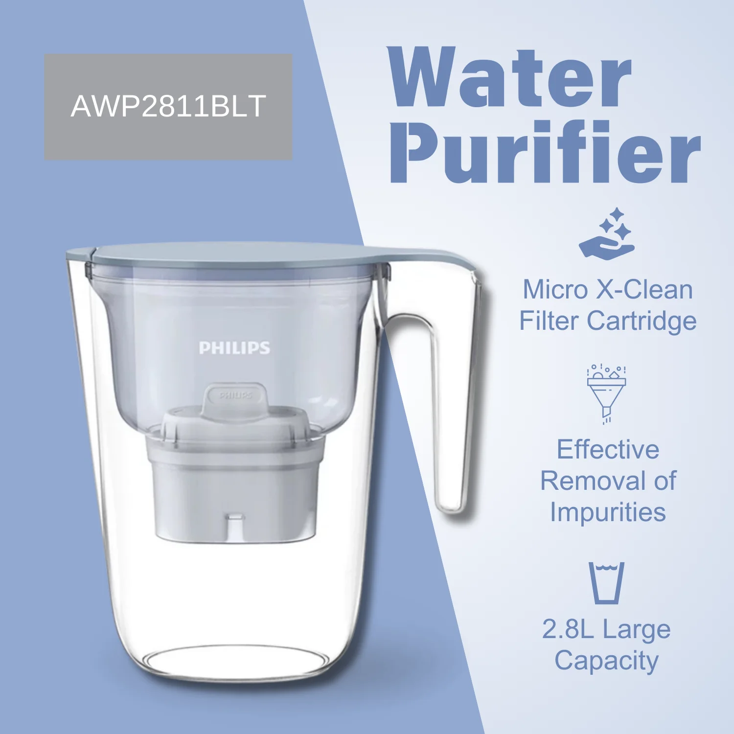 Philips Water Purifier AWP2811BLT, X-Guard Cartridge, Easy Open Lid, Efficient Limescale Removal