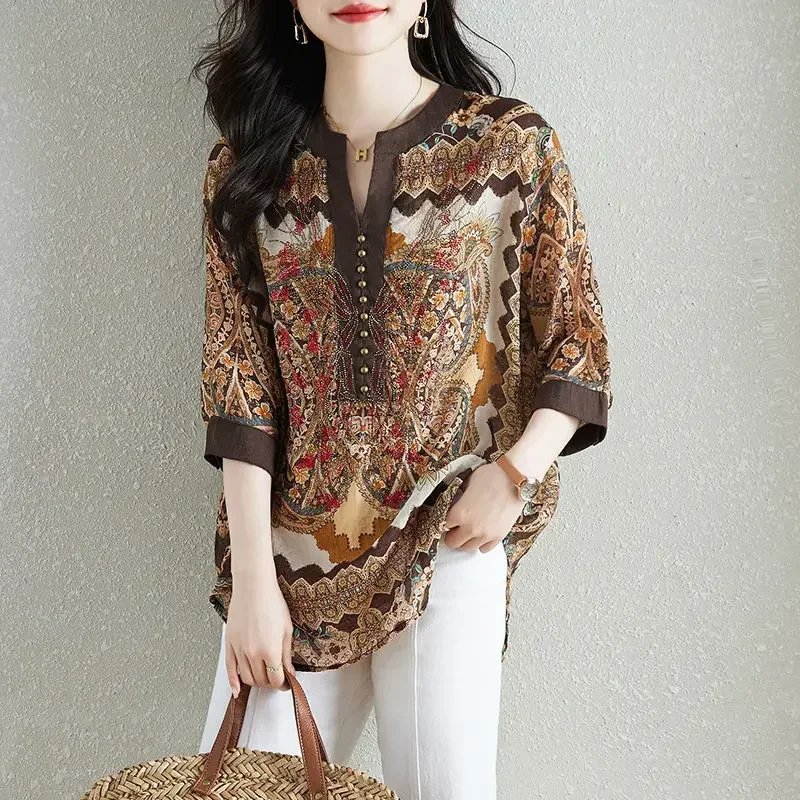 

Women High Street Casual Loose Pullovers Embroidered Flares Printing Tops Spring Summer New V-neck Fashion Three Quarter Blouse