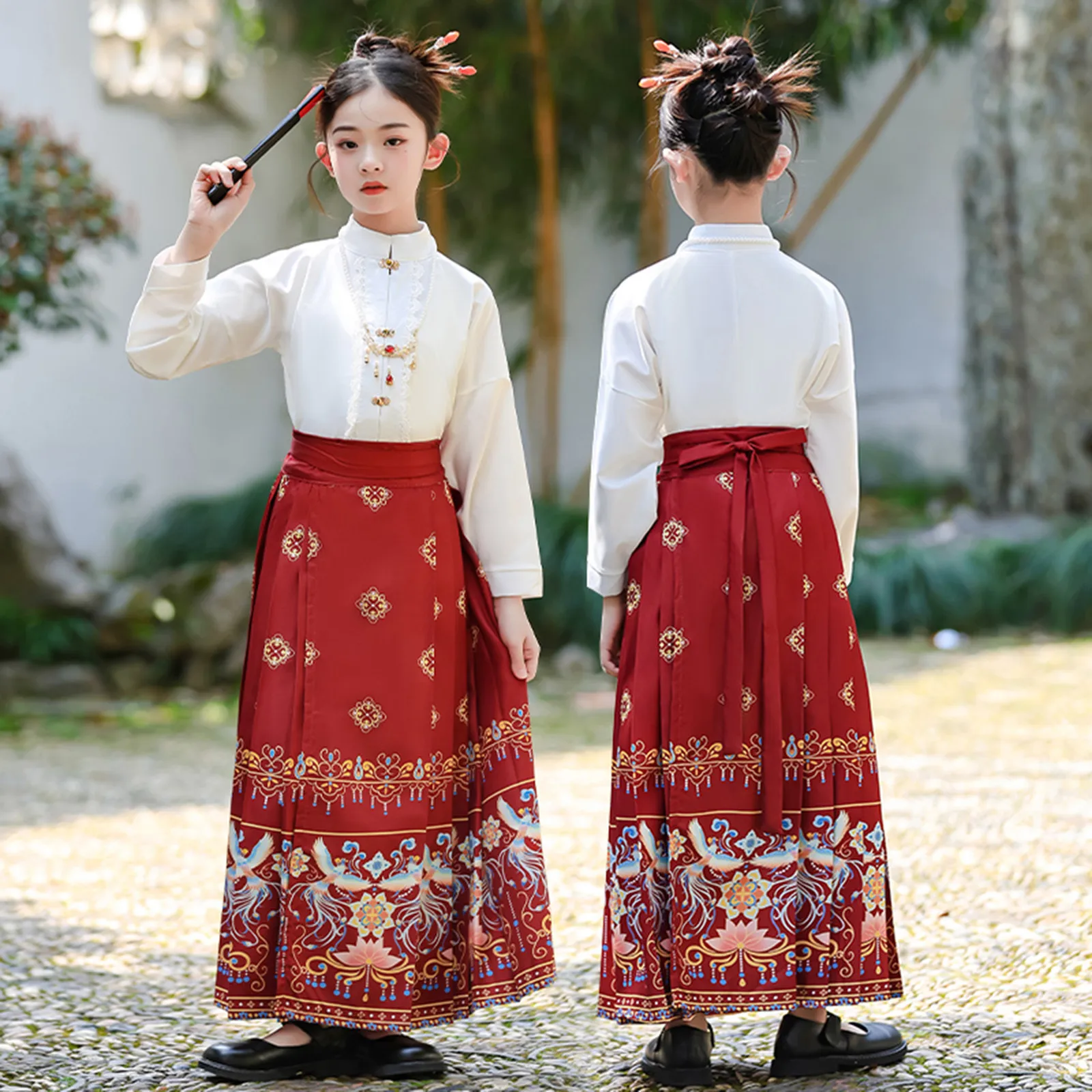 2024 NEW Summer Chinese Hanfu Dress For Girls Traditional Embroidery Horse-face Skirt For Kids Princess Hanbok