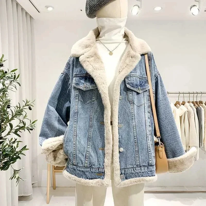 Double-sided Lamb Wool Denim Jacket Women's Velvet Thick Furry Casual Bf Padded Loose Winter Cowgirls Coat