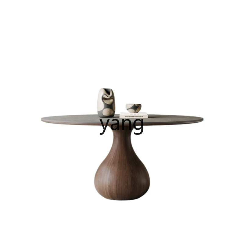 Yjq Solid Wood Dining Table round Band Turntable Home High-End Retro Full Support Matte Stone Plate Round Table