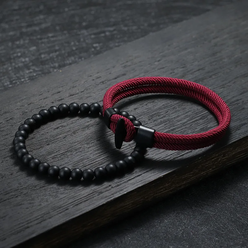 Noter New 2pcs/Set Men Bracelet Natural 6mm Onyx Stone Beaded Braclet Homme 4mm Pulseira Corda Masculina Pirate Accessories Gift
