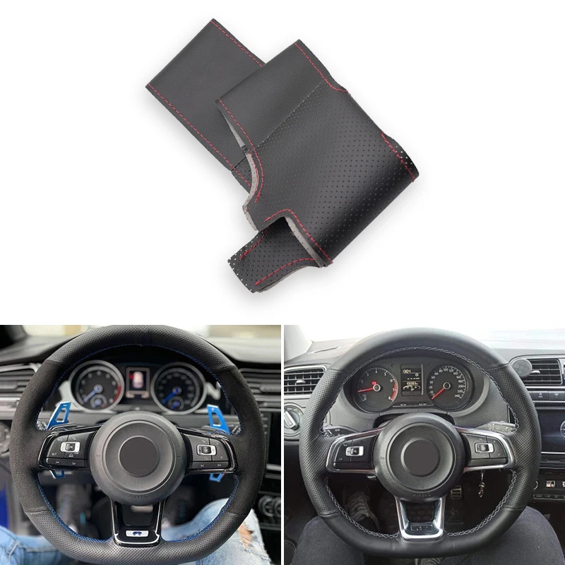 Black-red line Perforated Microfiber Leather Car Styling Steering Wheel Cover Trim For VW Golf 7 GTI Golf R MK7 Polo Scirocco