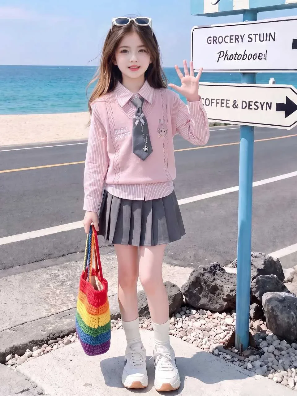 Teenager Girl Autumn JK Outfit Set - Pink Cartoon Vest Striped Shirt Pleated Skirt Junior Kid's Skirts Suit Child Clothing