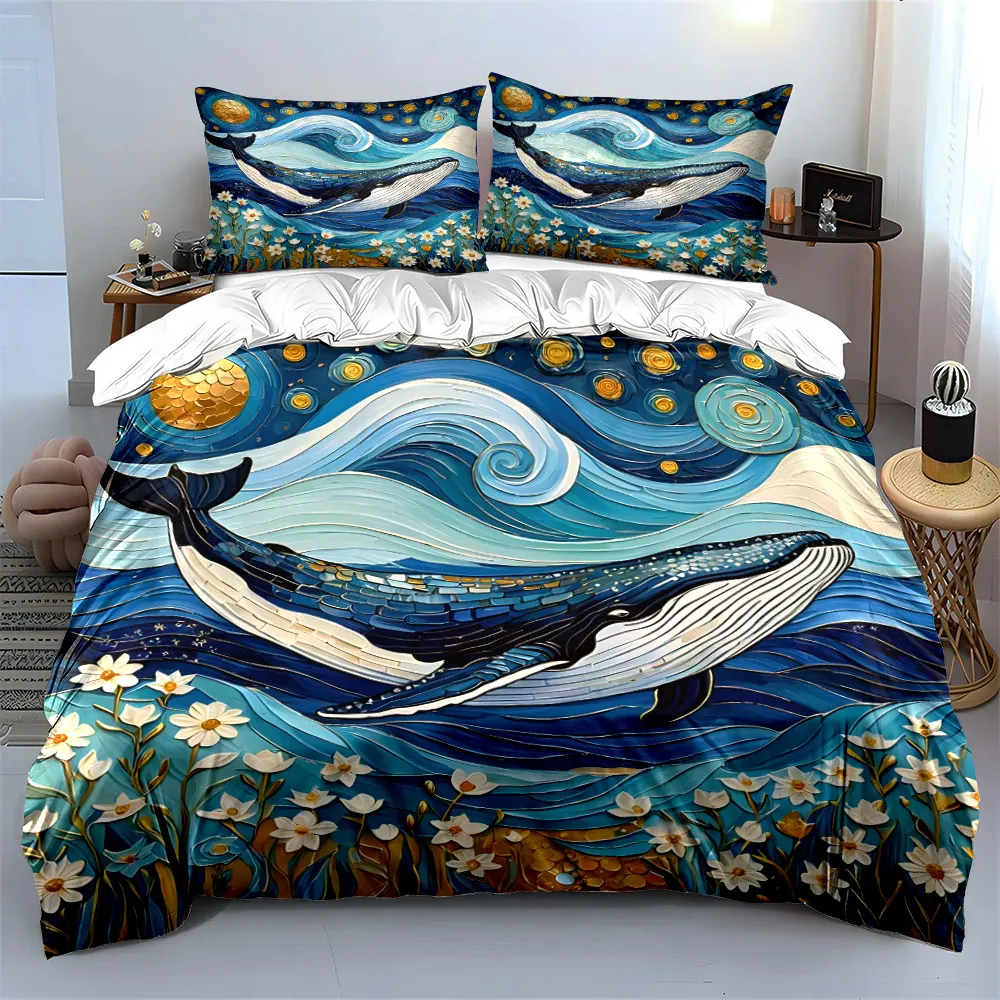 Whale, waves, flowers, stars Print Bedding Set 1 Duvet Cover 2 Pillowcases for Adult and Children Luxury Gift Full Size