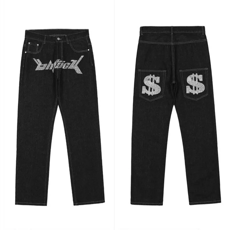 Pantalones vaqueros holgados con estampado para hombre, ropa de calle de gran tamaño, estilo Punk, Harajuku, Y2k, negro, Trendyol, Hip Hop