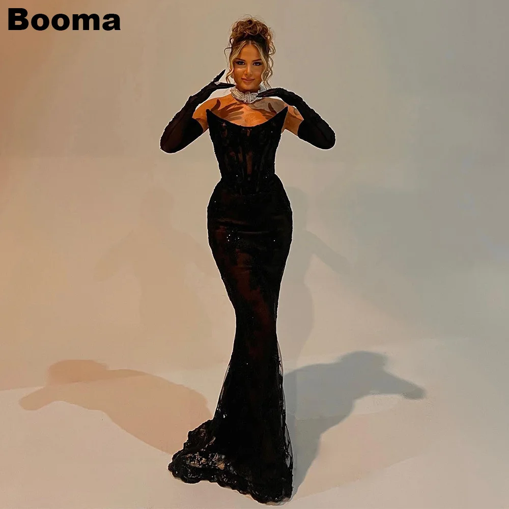 

Booma Black Sexy Mermaid Evening Dresses Scoop Neck Boning Long Prom Gowns Lace Sheath Lace Up Formal Occasion Dress Party Gown