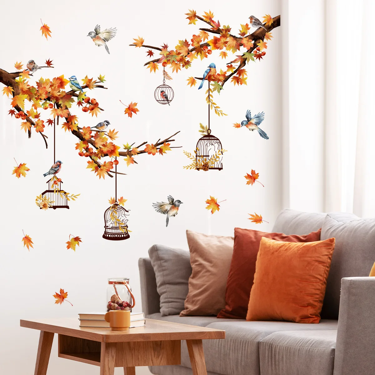 Maple Leaf Birdcage Wall Sticker Living Room Bedroom Chinese Style Home Decor Wallpaper Children's Room Birds Wall Decals