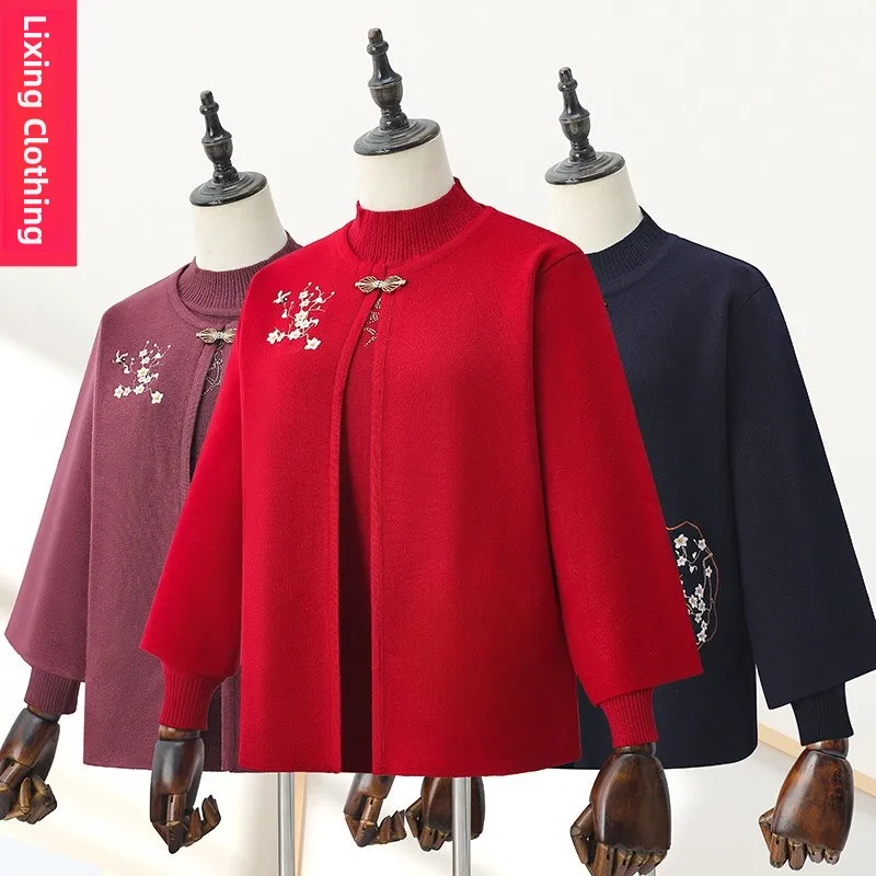 

Embroidered Long Sve Base Layer Top And Jaet Two-Piece Set for Middle-Aged And ly Women Thi Winter Outfit