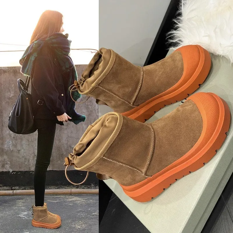 Winter Boots With Fur Flat Heel Round Toe Brand Women's Shoes Boots-Women  Australia Plush Fashion Ladies Lolita 2023 Med