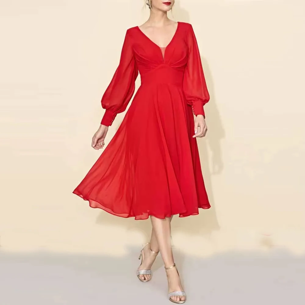 Customized Elegant Women's Cocktail Party Gowns Chiffon A-line V-neck Zipper Backless Ruched Buttons Wedding Party Dresses