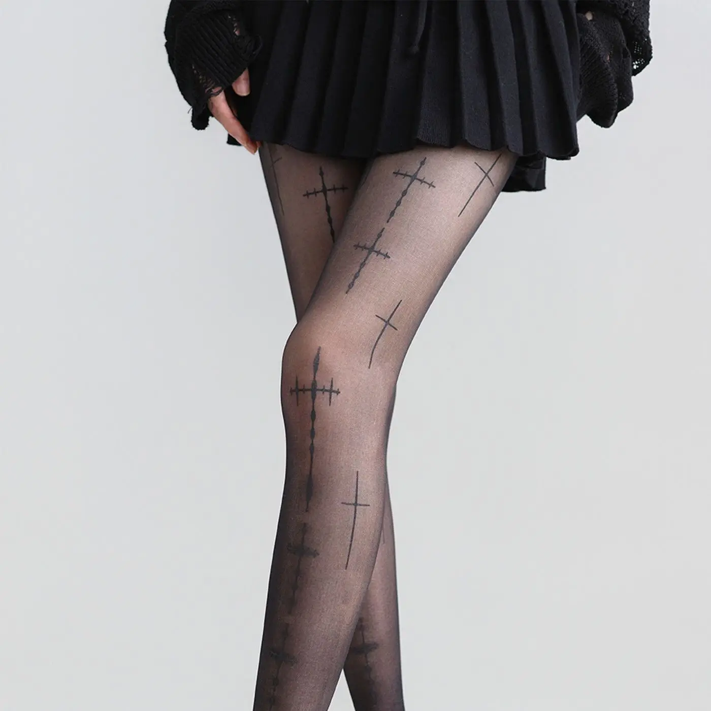 Gothic Cross Print Pantyhose for Women Y2K Sheer Tights Harajuku Lolita Stretch Stockings Punk Gothic Leggings Hosiery
