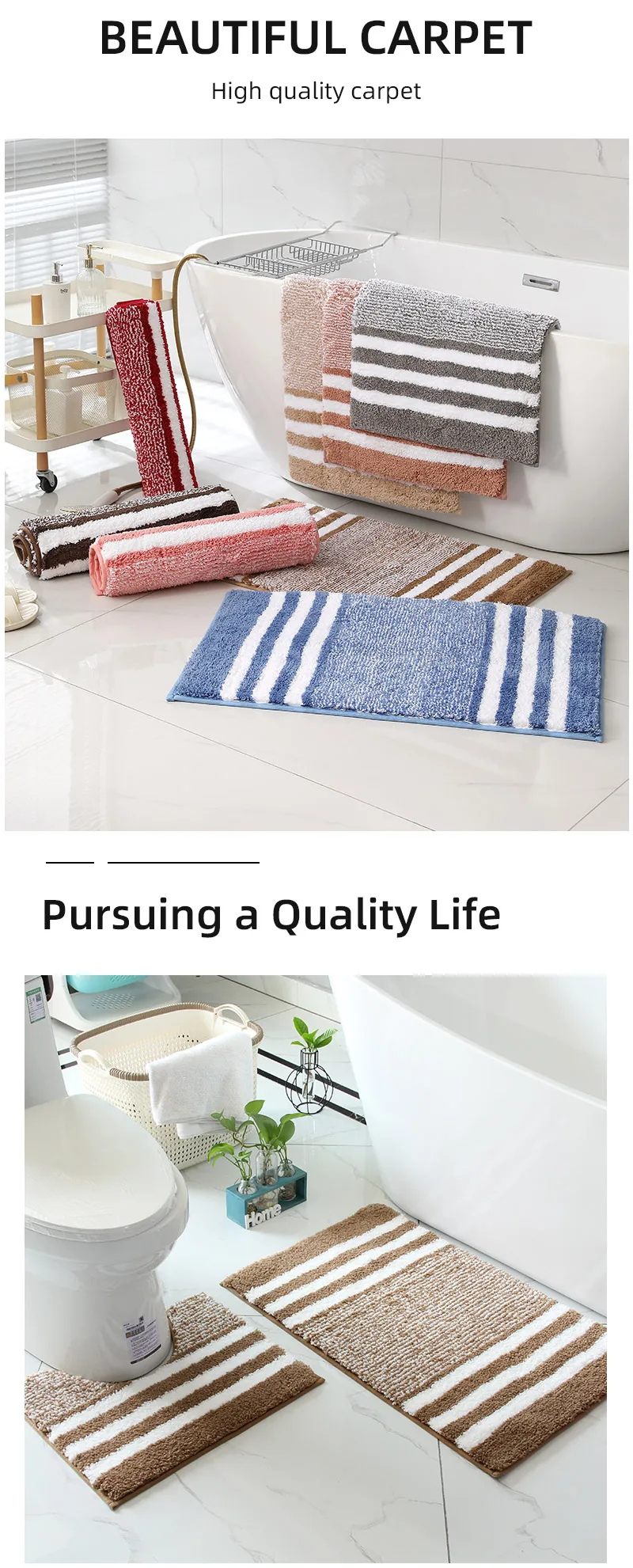 Description Picture 3 of itemStriped microfiber bathroom carpet set 2-piece,waterproof,non-slip and quick drying,machine washable,TPR backing, medium velvet