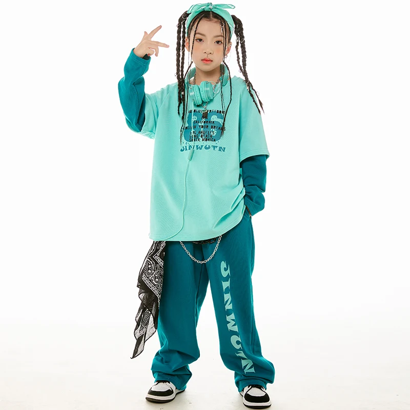 New Hip Hop Dance Clothes Girls Boys Long Sleeves Blue Tops Pants Jogger Wear Kids Jazz Street Dance Performance Costume BL11550