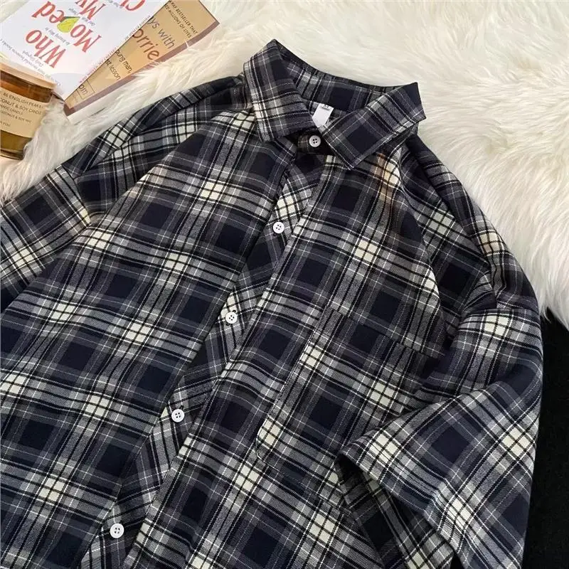 

Summer Large Size Plaid Short Sleeve Men's Shirt Draping Half Sleeve Trendy Brand Commute Versatile Checkered Cardigan Shirt