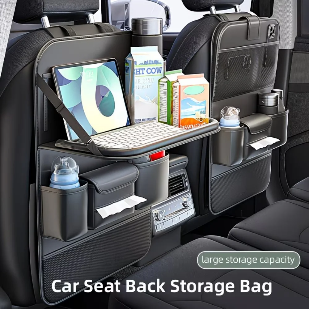 Leather Car Seat Back Organizer With Foldable Dining Table Multi Pocket Storage Anti Kick Mat For Car Interior Backseat