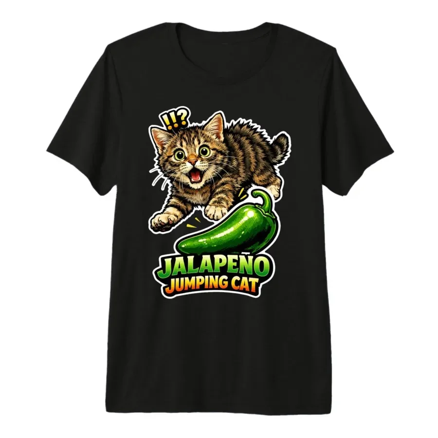 Jalapeno Jumping Cat Funny Spicy Cat T-shirt For Men Women 100% Cotton T Shirts Short Sleeve Tops 0410-2