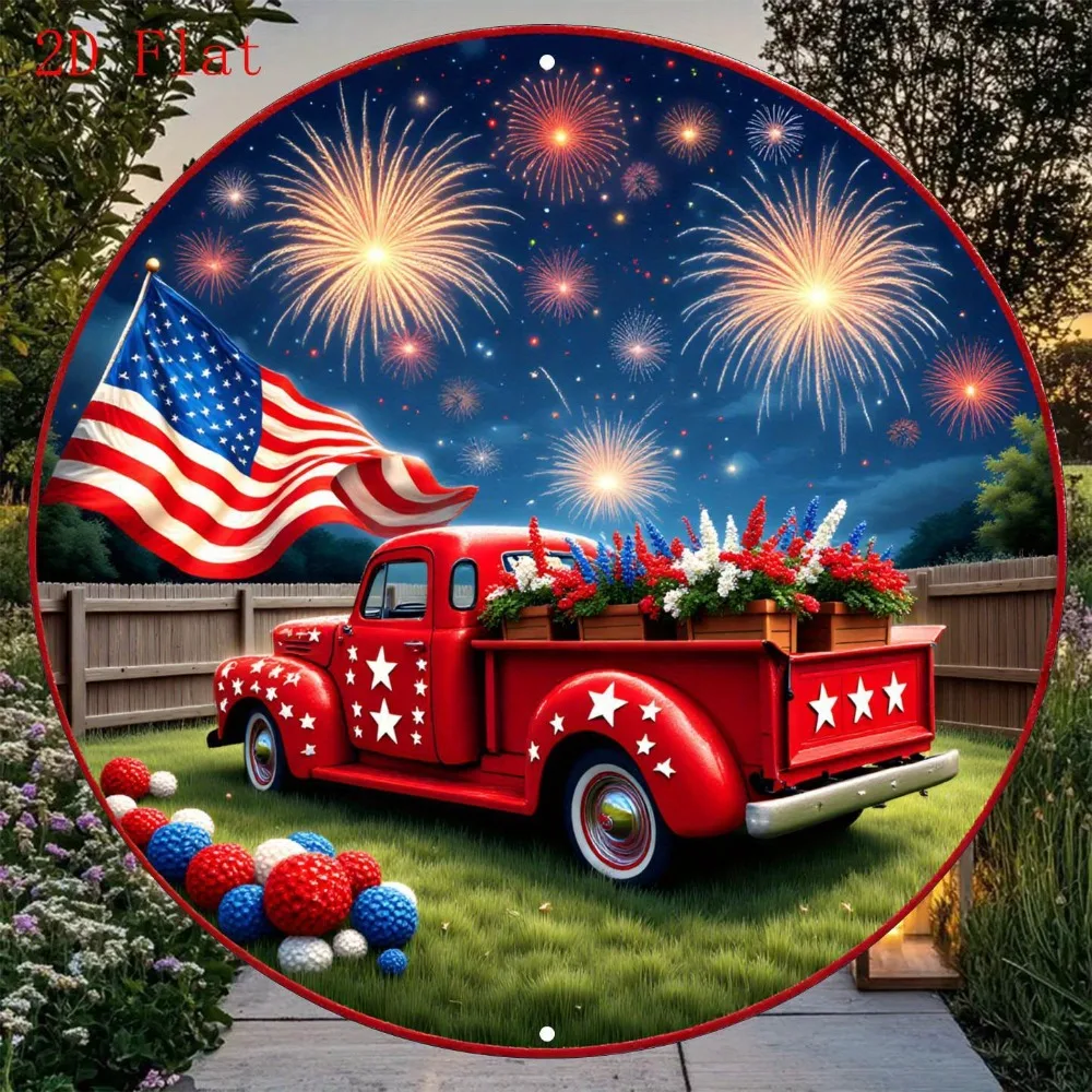 

Vintage Patriotic Metal Tin Painting - Red Truck, Fireworks & American Flag Wall Decor, Home Decorators, 2D Flat