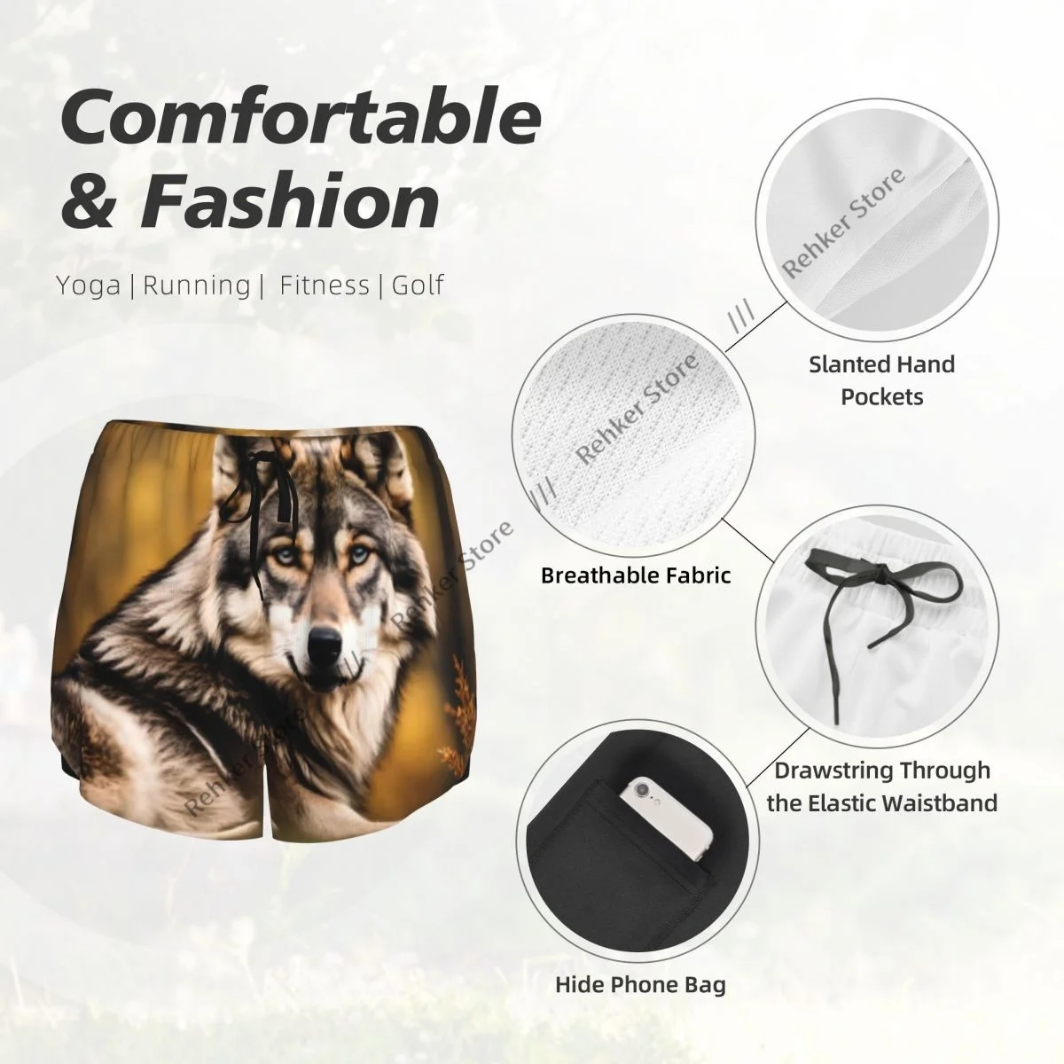 Yogashorts voor dames Fitnessshorts Biker Workout Sportshorts Wolf In de herfst Bos Sneldrogende sportkleding met zak