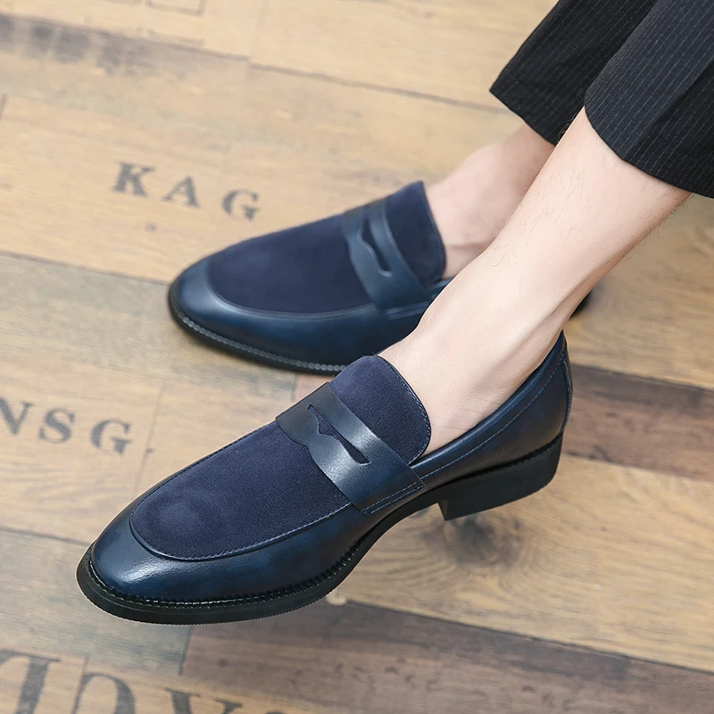 Leather Casual Shoes Men's Slip-On Pointed Loafers Splicing English Style Chelsea Booties Frosted Suede 47 48 Plus Size
