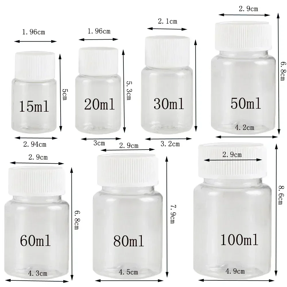 30Pcs 15-100ml Clear Plastic Pill Bottles Refillable Travel Tablet Airtight Container W/ White Cap Empty Powder Dispenser Bottle