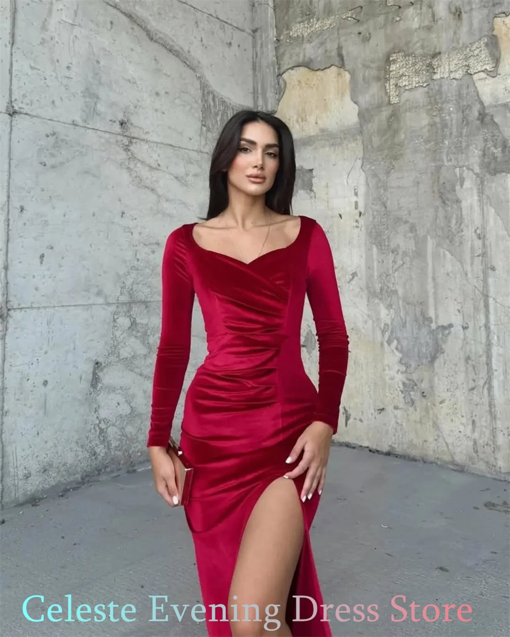 ที่กําหนดเอง Mermaid Simple Blue Velour ชุดราตรีประณีต Sweetheart แขนยาว Homecoming แฟชั่น Party Gowns