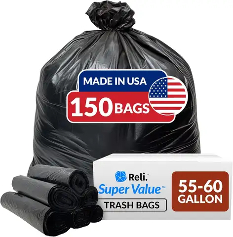 Reli. 55-60 Gallon Trash Bags Heavy Duty | 150 Count  50-60 Gallon  Large Black Garbage Bags | Made in USA