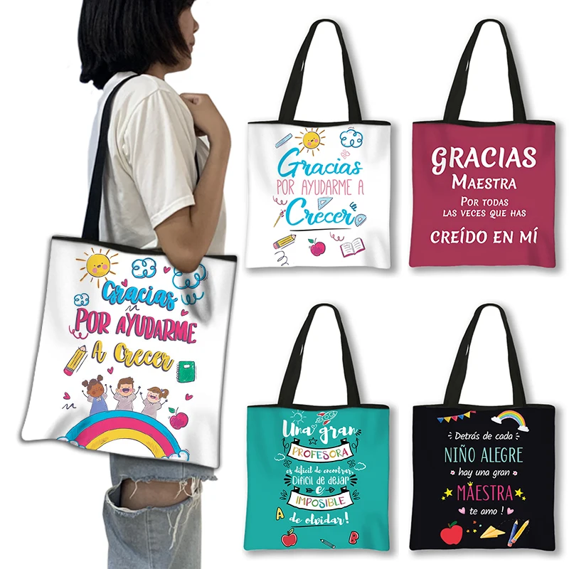 

Gracias Maestra / Merci Maitresse Shoulder Bag Woman Tote Bags Thank You Teacher Handbag Fashion Eco Reusable Shopping Bags Gift