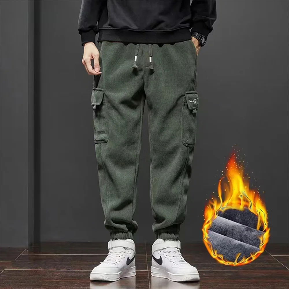 2023 New Winter Fleece Warm Corduroy Pants Men Solid Color Pocket Baggy Trousers  Thick Joggers Streetwear Harem Pants Men M-5XL