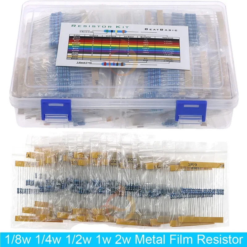 1/8W 1/4W 1/2W 1W 2W Metal Film Resistors Assortment Kit Box 1% 0 ohm - 10 M Electronic Components resistor package