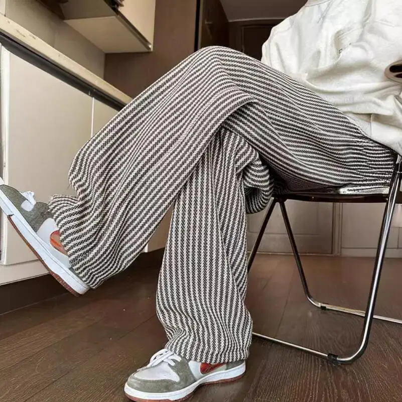 

Fashion Striped Casual Straight Pants Men Retro Street Loose Trousers Man Korean Trendy High Waist Wide Leg Pants w770