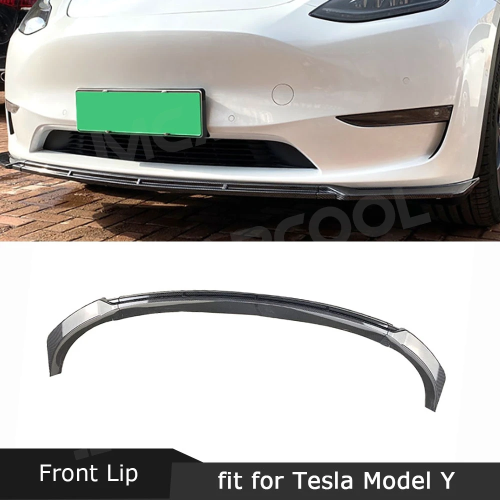 ABS Carbon Look Car Front Bumper Lip Chin Spoiler Splitters for Tesla Model Y 2020+ Auto Front Bumper Lower Lip Cover Body Kits