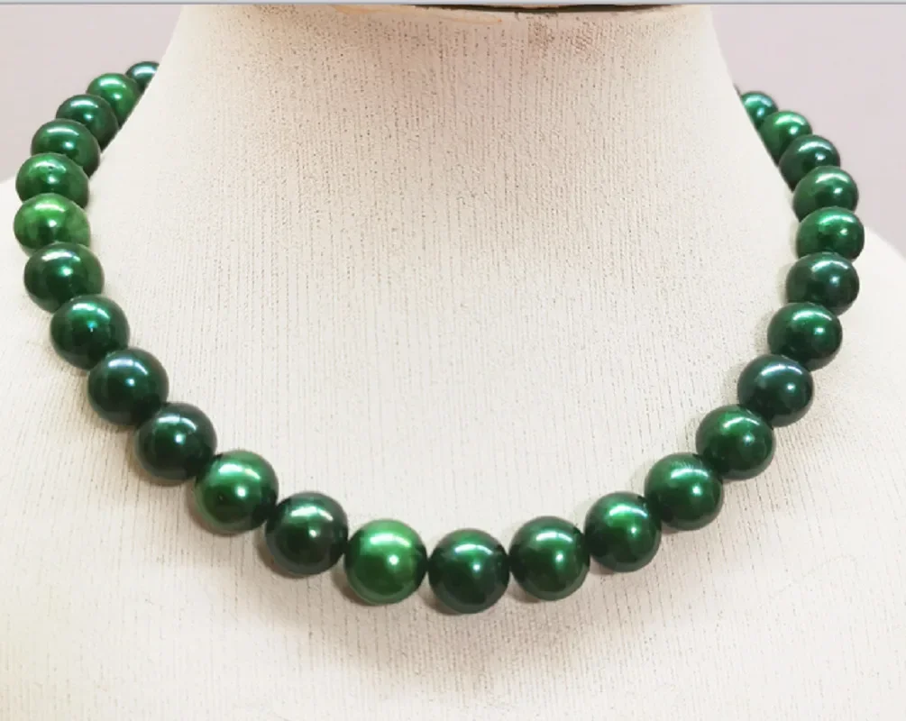 

Suberb 17"12-14mm Genuine Green Round Pearl Necklace for Men Women Jewelry Wedding Party 925 Sterling Silver 36698