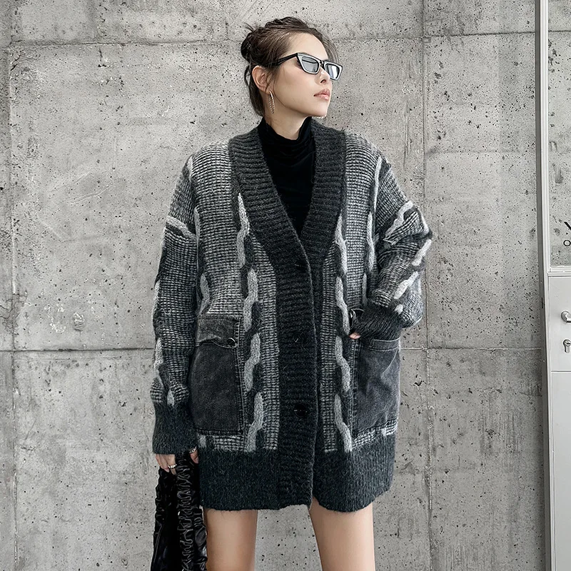 

Laid-ba Color Blo свитер с v-образным вырезом Jaet Свободный модный осенний новый женский вязаный топ Sle Big ket Street Sle