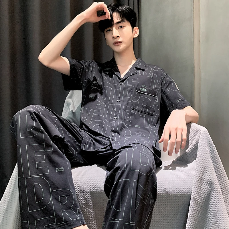 

Summer modal cotton short-sleeved long trousers mens pajamas suit big yards lapel cardigan sleepwear male home clothes pijamas