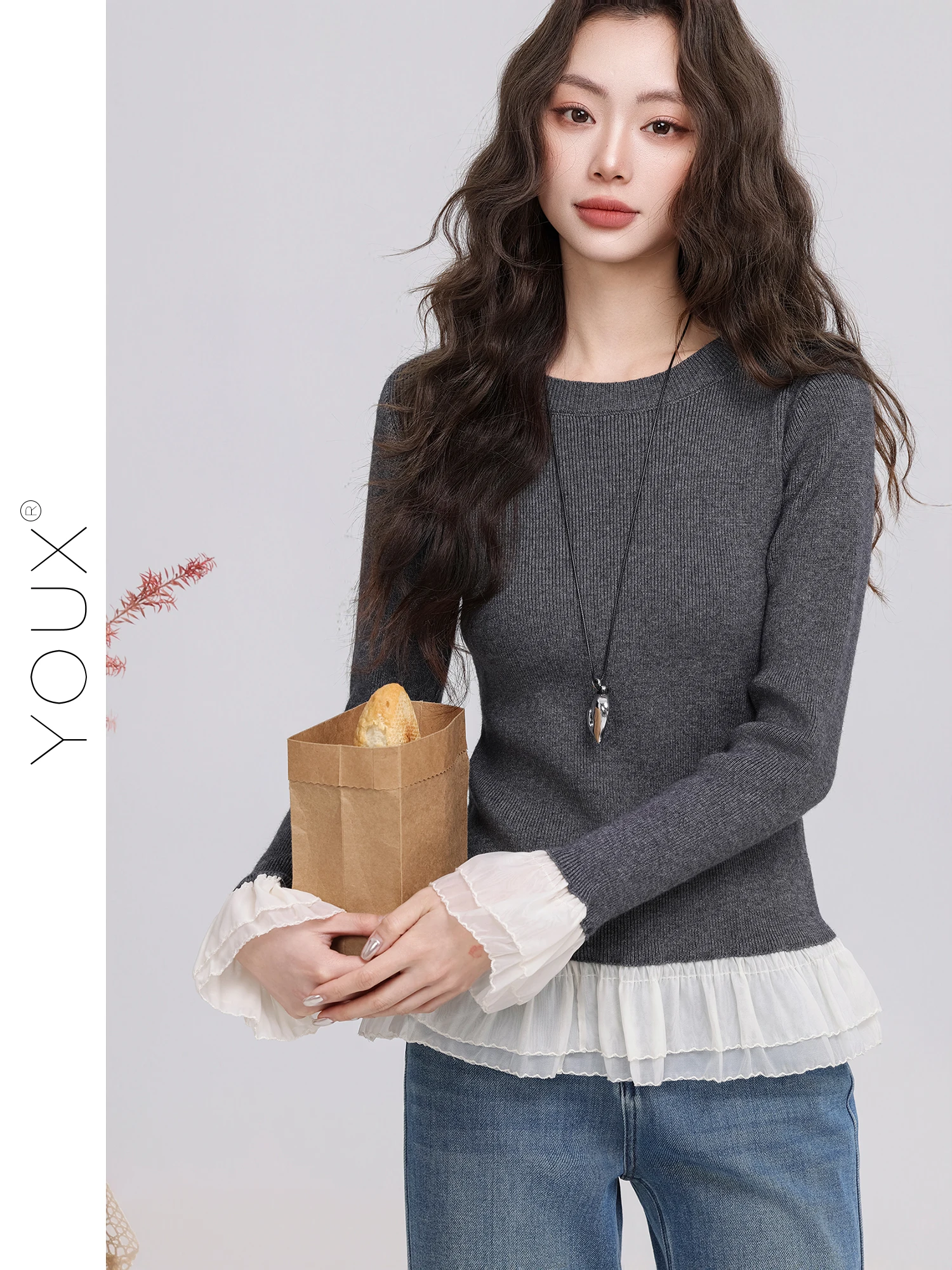 

Корейский стиль: женский вязаный топ с длинным рукавом, комбинированный дизайн, повседневный, с круглым вырезом, из мягкого полиэфирного волокна, новинка весенней коллекции