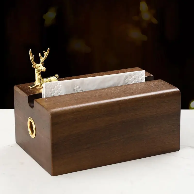 Walnut Wood Tissue Box Cover With Gold Deer Decor, Rectangular Wooden Napkin Holder Dispenser For Bathroom Bedroom Living Room