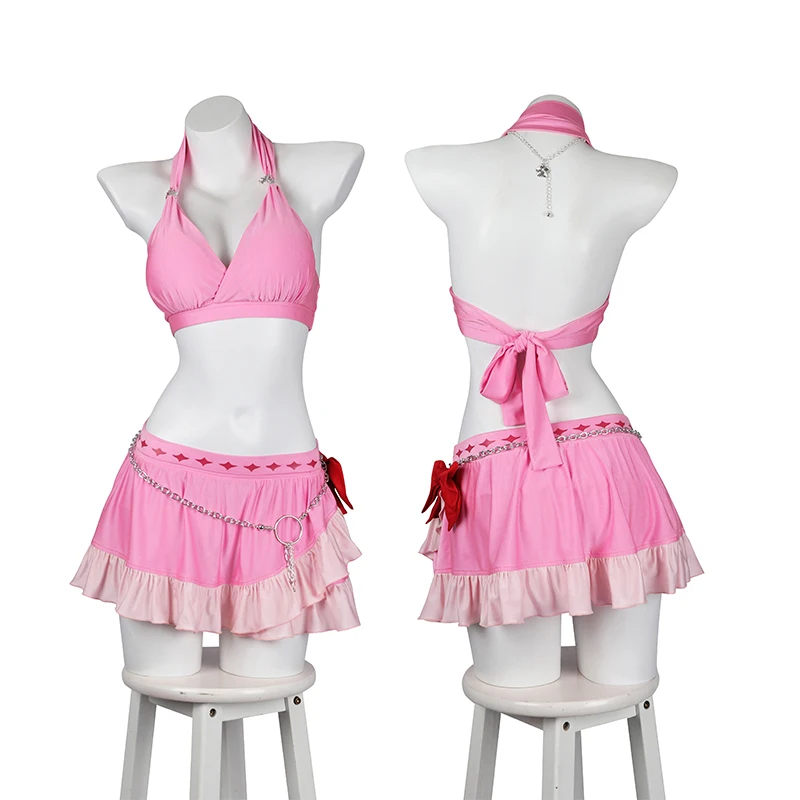 ROLECOS FF VII Aerith Swimsuit Game FF7 Remake Aerith Gainsborough Sexy Halter Women Beach Bathing Pink Swimming Suit