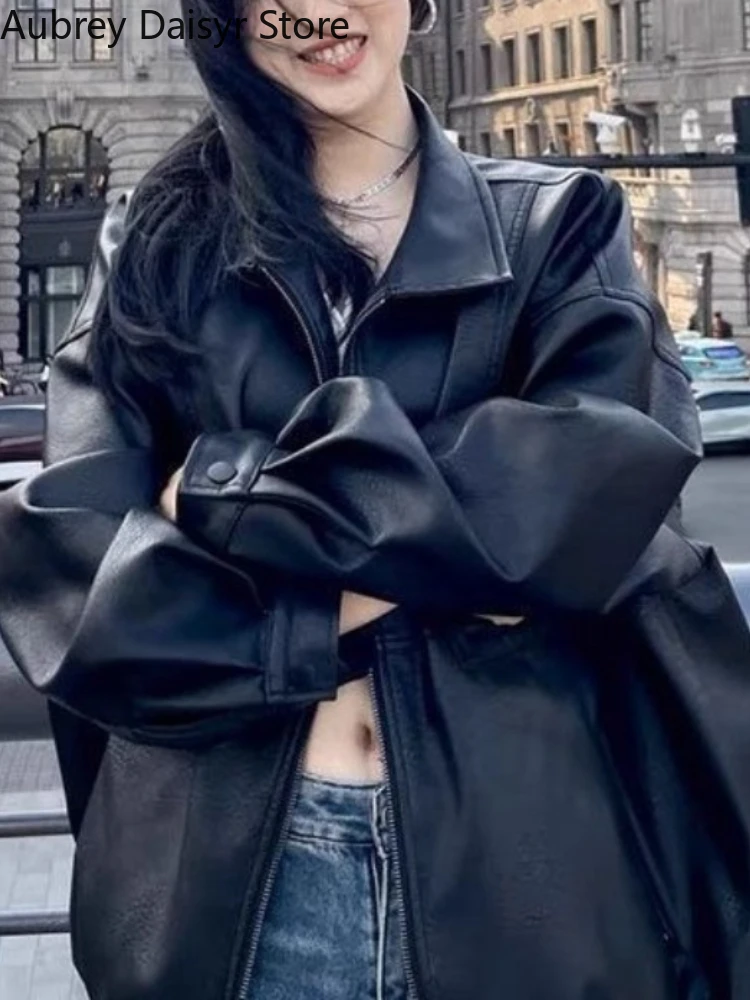 สีดําหลวมซิปเสื้อหนังยาวผู้หญิง Retro Casual Punk แจ็คเก็ตหนังเกาหลี High Street Moto Biker แจ็คเก็ตหนัง 2025