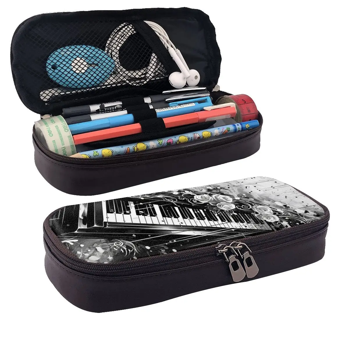 Abstract Piano Keys With Musical Notes Leather Pencil Cases Pencil Pouch Storage Big Capacity Pen Box Pencil Bag for Kids School