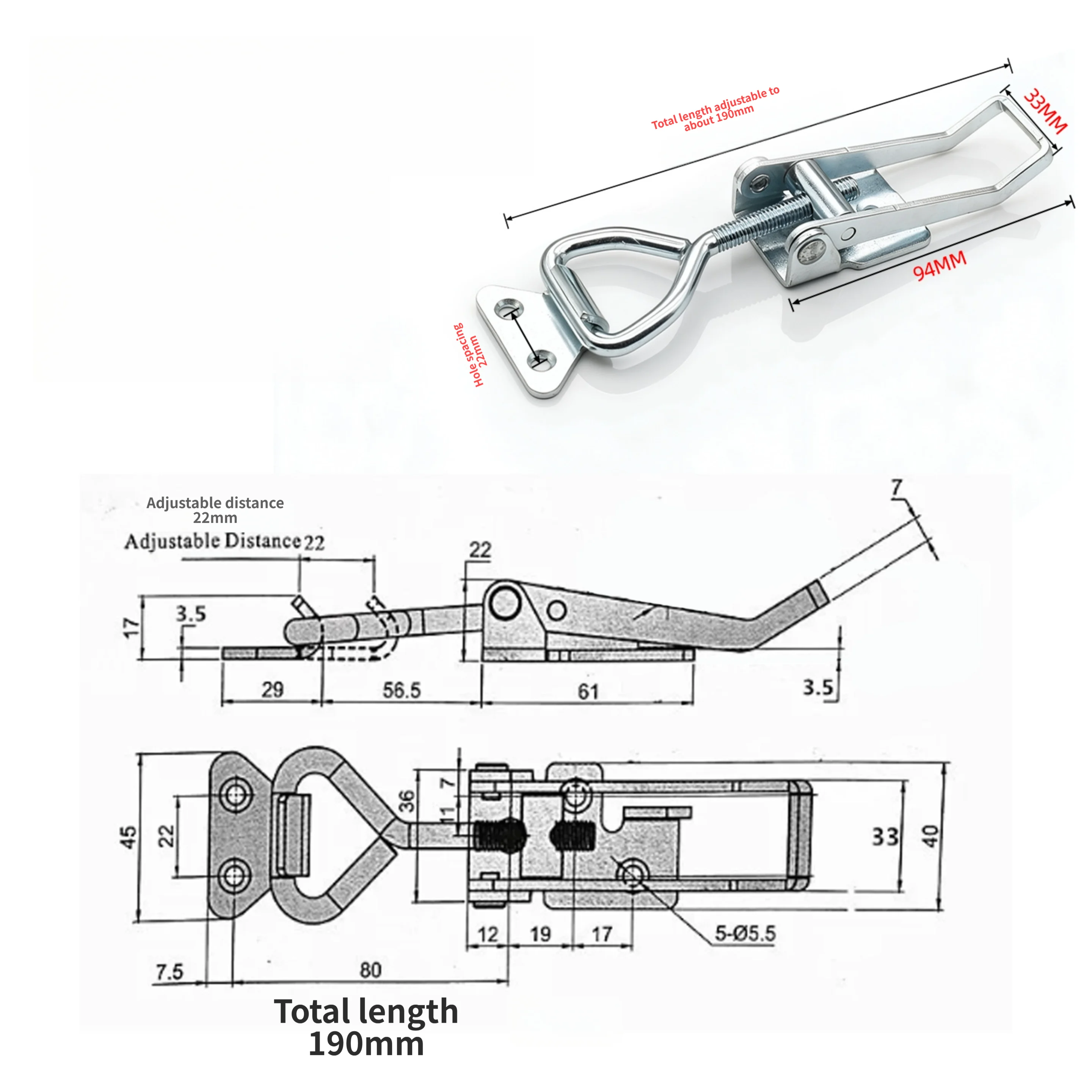 Reliable Adjustable For toggle Clamp with 500 kg Holding Force and 22 mm Adjustment Range for Consistent Mechanical Fastening