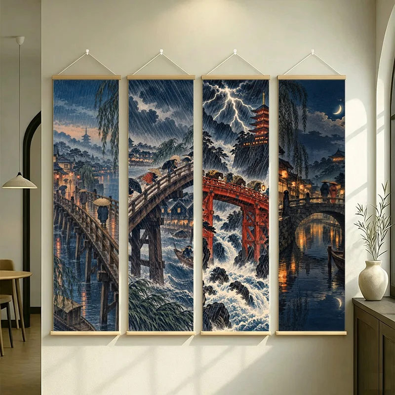 Japanese Nightscape Wall Art with Arched Bridge, Rain and Red Foliage on Silver Shimmer Canvas for a Moody Reading Nook