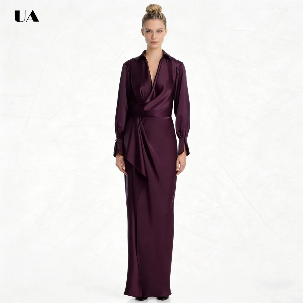 Abito da ballo a colonna alla moda con colletto rovesciato, abito da sera solido a maniche lunghe con dettaglio bottoni, abito da festa personalizzato