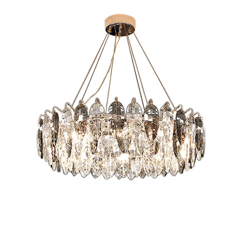 

LED light luxury gold silver round feather crystal chandelier, dining room interior ceiling lighting decorative light fixtures.